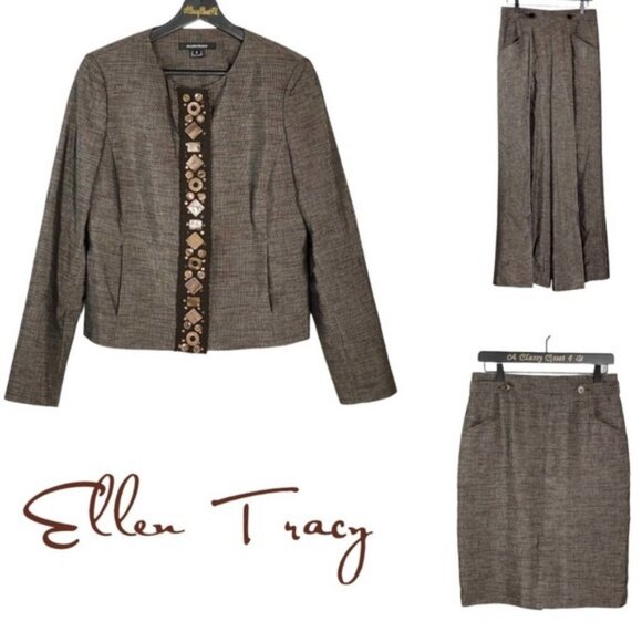 Ellen Tracy Dresses & Skirts - Ellen Tracy 3 Piece Brown Embellished Beaded Pant Skirt Set 6